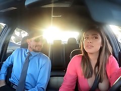 malayu aand brunette officeworship chick Ella Knox gives a blowjob in the car and gets fucked indoor