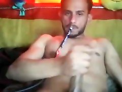 hot bearded smooth straight guy jerking his big uncut cock