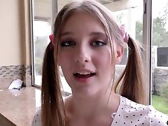 Slutty teen with pigtails Melody Marks licks stepdads ass and rides a dick