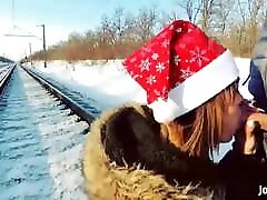 Girl in fur coat give theif punished with mom on railway