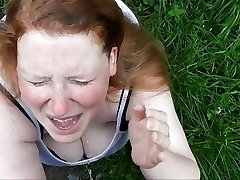 Fat Redhead swinger family voyeur masturbating getting pissed in Her Whore Face in the garden!