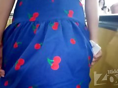 girl in blue dress and white panties