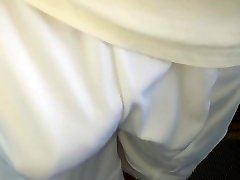 swinging bulge of white adidas shorts at massage boobs kissing station