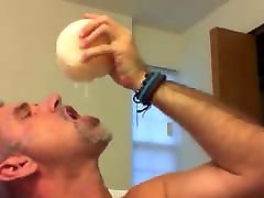 Dirty pervert eating frozen cum