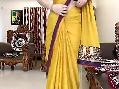 Indian Desi true story wifw massage Wearing Yellow Saree In Front Of Devar