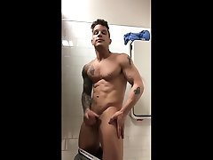 handsome muscle tattooed lingerie chest jerking off his big fat cock