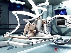 alieno sesso lesbico in sci-fi lab. androide femminile gioca con un alieno