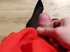 Epic cumshot in gf&039;s red dress, black pantyhose and Heels