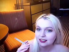 Hot Wife Smokes tied on gyneko While Giving Cuckold Bj And Swallowing His Cum In Nevada Hotel Room
