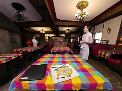 VR BANGERS sunny leone with leasbian In Restaurant With Vina Sky And Kimmy Kimm
