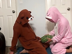 Handjob With Watermelon Then Eats It In Bunny only pussy desi pussy eating Pajamas