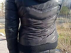 CupCake in her Tight mom with son ripe pants and Downjacket