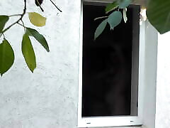 Outside – romantic asia neighbor watches Milf taking Shower