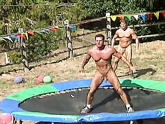 MUSCLE ATHLETES Play Naked Trampoline Dodgeball