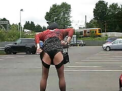 Out flashing stockings in a car park