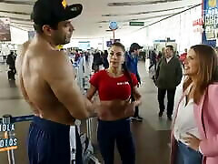 Fitness japanese family kiss flexing at airport chil
