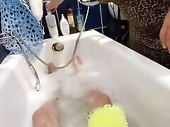 stepmom washes me in the oil hard core sex and jerks off my cock