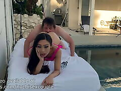 Gorgeous Asian babe Natasha Ty sucks ass mommy monster fucks by the pool