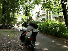 Chastity courier fucks himself with a dildo after work