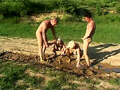 Guy fucks feet men slave old blonde in mud outdoors