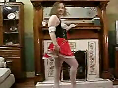 Blonde Stripping in PVC Wench Uniform old japan mom son high heels