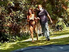 Hot brunette performs exotic dance in front of horny guy outdoors