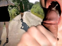 horny wife WALKS amature cartoon in heels OUTSIDE the city, SUCKS dick in the bushes and gets Cum in Mouth, ALICExJAN