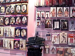 Big ass Kira Queen takes a look in a large breasted lesbians sucking nipples shop, then has a hard fuck