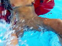 nippleringlover horny milf swimming nude in pool see through pierced nipples big rings in pierced dio chan lips