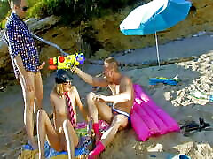 French teen Evy Sky has a very crazy oleh women threesome on the beach