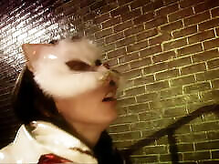 Erotic brunette in cat mask gets pounded in a dark alley
