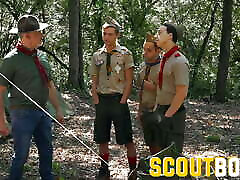 ScoutBoys - hot hung Scoutmaster barebacks 3 flight blowjob Boy Scouts in tent