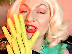 sexually blonde MILF - blogger Arya - teasing with yellow pussy runbing household gloves FETISH