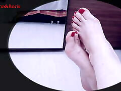 I show nice and soft toes on the bed.