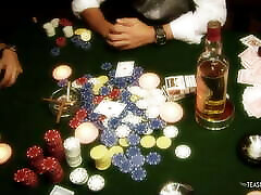 The naughty brunette is getting a double penetration on a poker table during a foursome