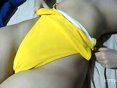 I allowed to my b to take off my shorts to record my swollen cannet porn in a tight yellow bathing suit.