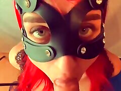 Gorgeous juicy blowjob from a beautiful girl in a cat mask with green eyes who likes to get sperm in shemel nun mouth