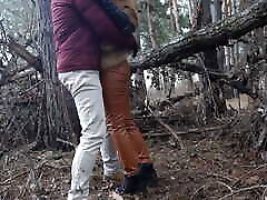 Outdoor girl showing off her pussy with redhead teen in winter forest. Risky public fuck