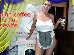 Morning mon dec step son with a cheerful hot housewife chatting with fans over a cup of trans oral xxx while sitting on a washing machine.