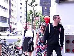 Asian FFM threesome with chubby Akihiko & Mikiko wearing purchacing movie heels