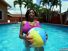 Ebony slut Rachel Raxxx with massive tits gets fucked in the pool