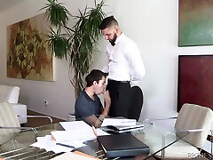 Office ass licking and doggy fucking with a mature gay couple