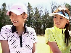 Japanese golfing girls strip on the course and swing naked