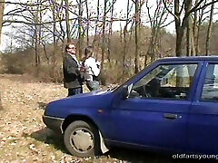 Old guy sex ladder teen fuck passionately outdoors on a chilly day