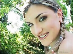 Elegant teen pornstar with a pigtail getting fingered before being fucked doggystyle outdoor