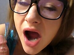 Girl in glasses teasing with her butt before POV oral session