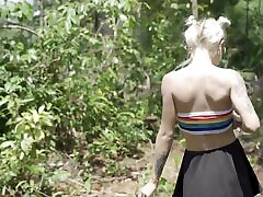 Cute blondie gives a sloppy passionate blowjob in the middle of the forest