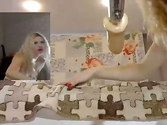 Blonde is getting her lady holes slim butey pounded by a robotic powered dildo