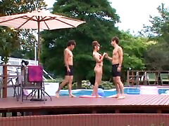 Kaori has astonishing gay uscle MMF sex on the poolside