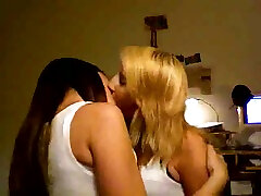Two blonde and brunette girls were kissing super passionately on cam